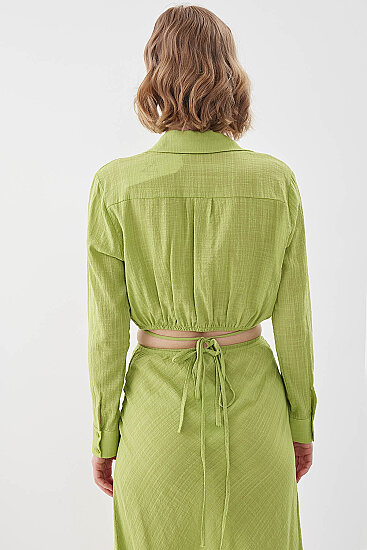 Beli Halka Detaylı V Yaka Lastikli Crop Bluz - 35