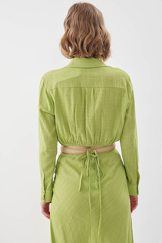 Beli Halka Detaylı V Yaka Lastikli Crop Bluz - 35