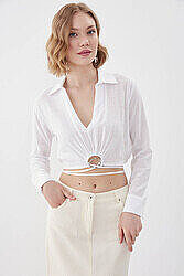 Beli Halka Detaylı V Yaka Lastikli Crop Bluz - 37