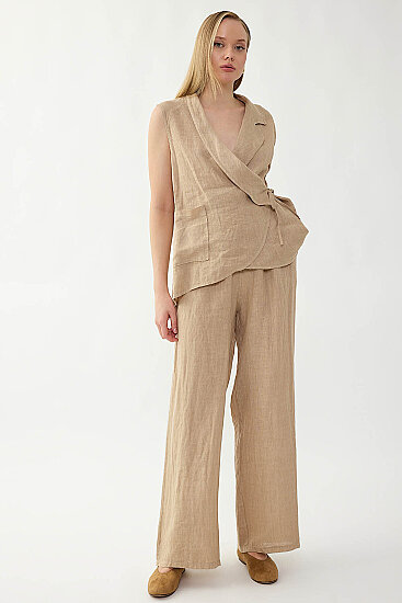 %100 Keten Beli İp Bağlamalı Geniş Paça Pantolon - 10