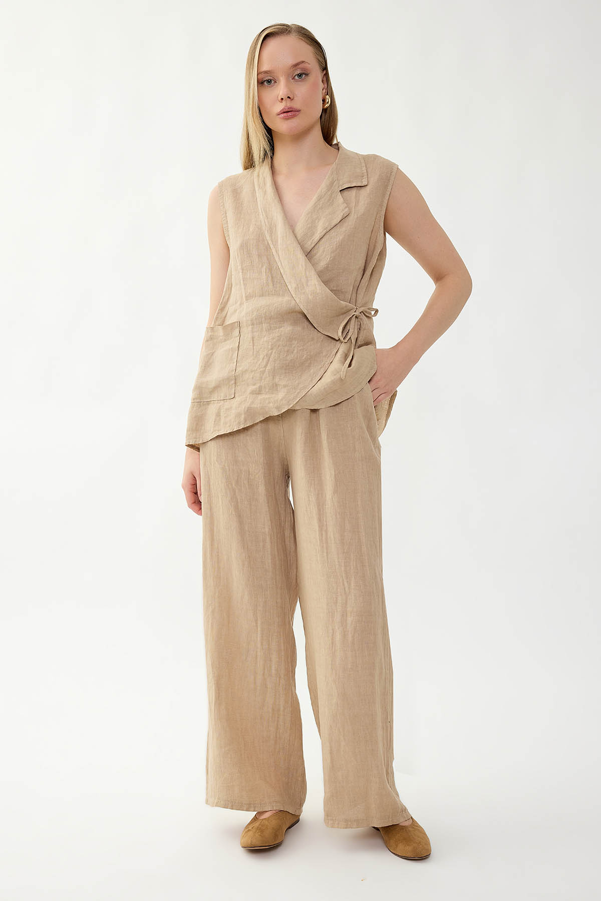 %100 Keten Beli İp Bağlamalı Geniş Paça Pantolon - Thumbnail