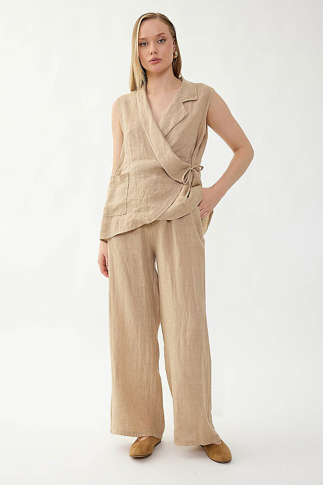 %100 Keten Beli İp Bağlamalı Geniş Paça Pantolon - 11