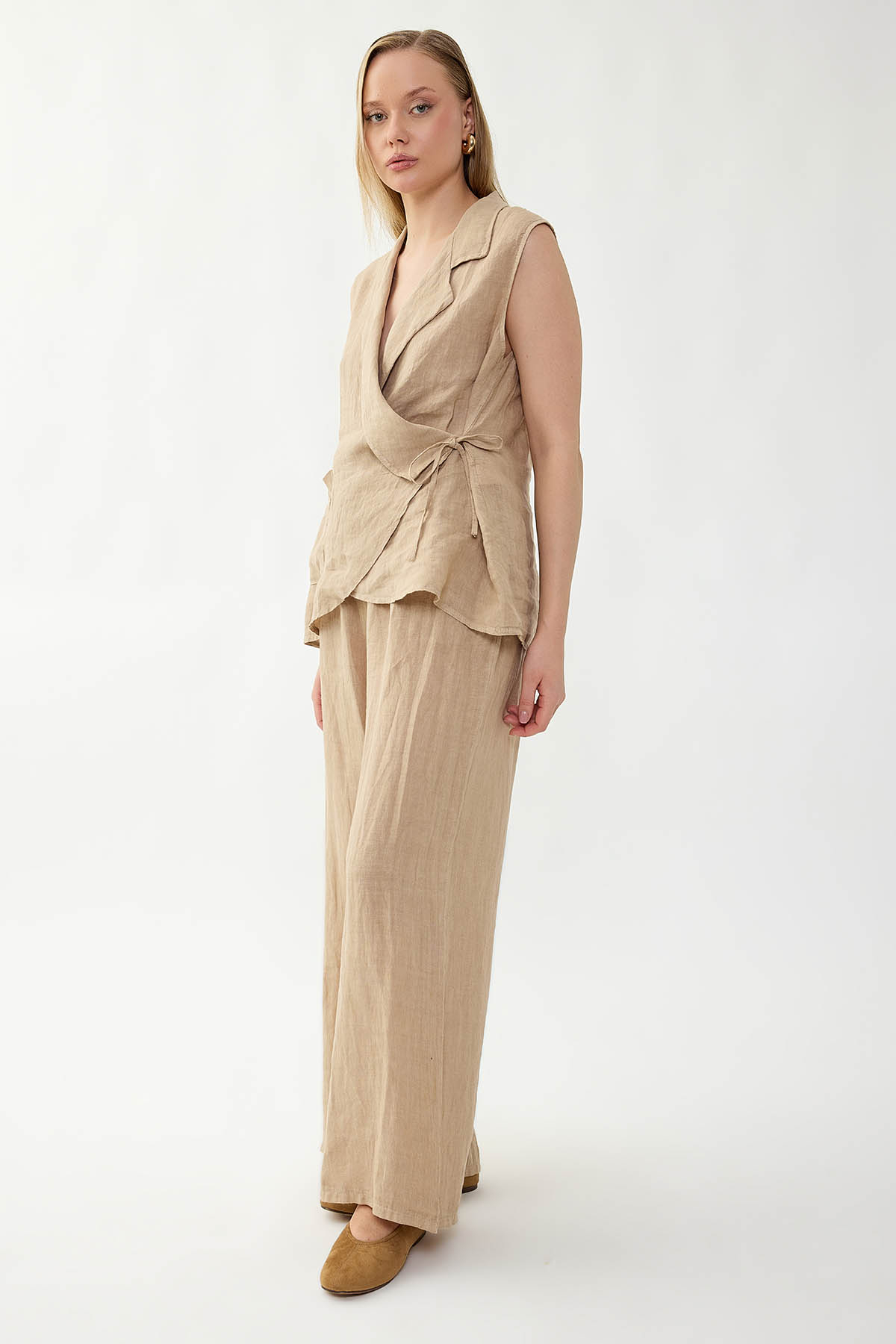 %100 Keten Beli İp Bağlamalı Geniş Paça Pantolon - Thumbnail