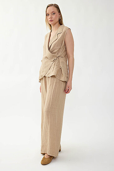 %100 Keten Beli İp Bağlamalı Geniş Paça Pantolon - 12