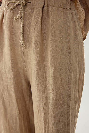 %100 Keten Beli İp Bağlamalı Geniş Paça Pantolon - 14