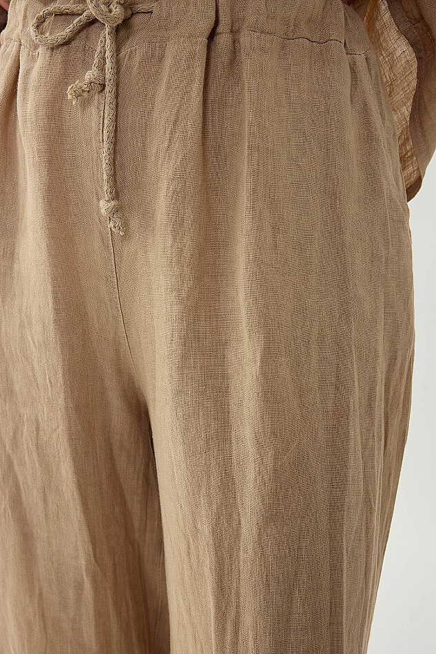 %100 Keten Beli İp Bağlamalı Geniş Paça Pantolon - 14