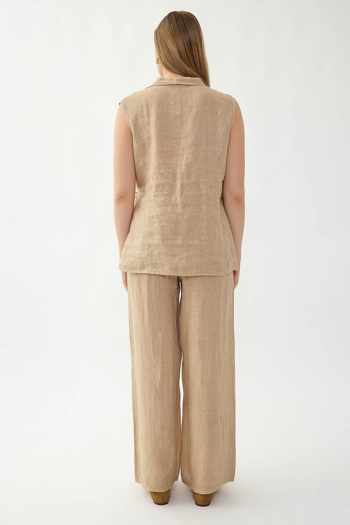 %100 Keten Beli İp Bağlamalı Geniş Paça Pantolon - Thumbnail