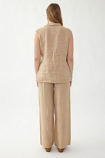 %100 Keten Beli İp Bağlamalı Geniş Paça Pantolon - 13