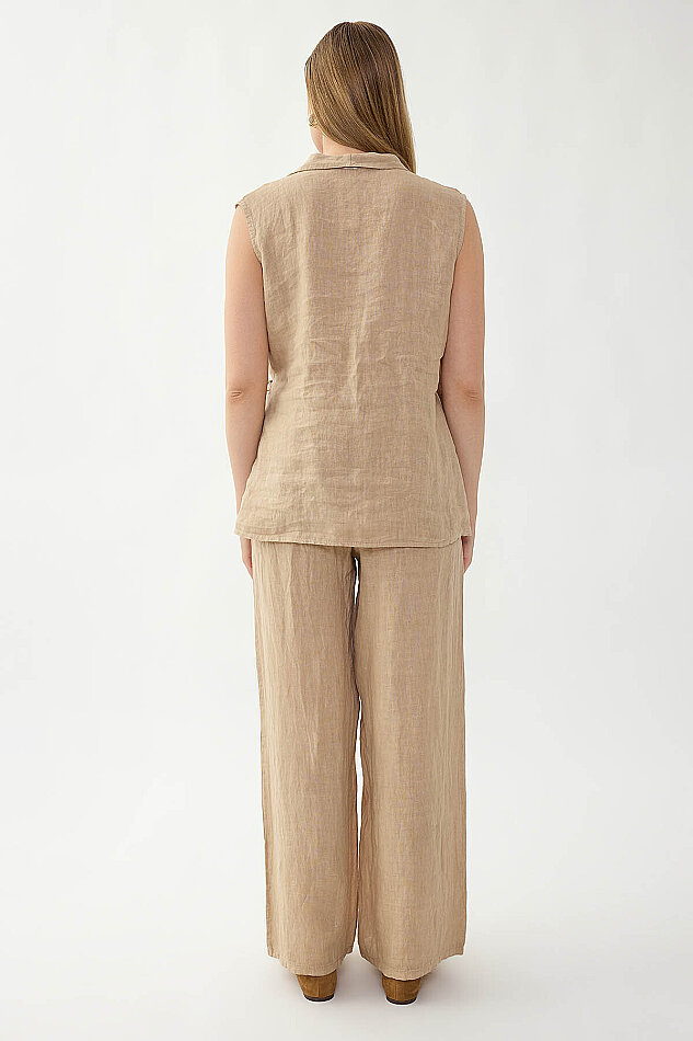 %100 Keten Beli İp Bağlamalı Geniş Paça Pantolon - 13