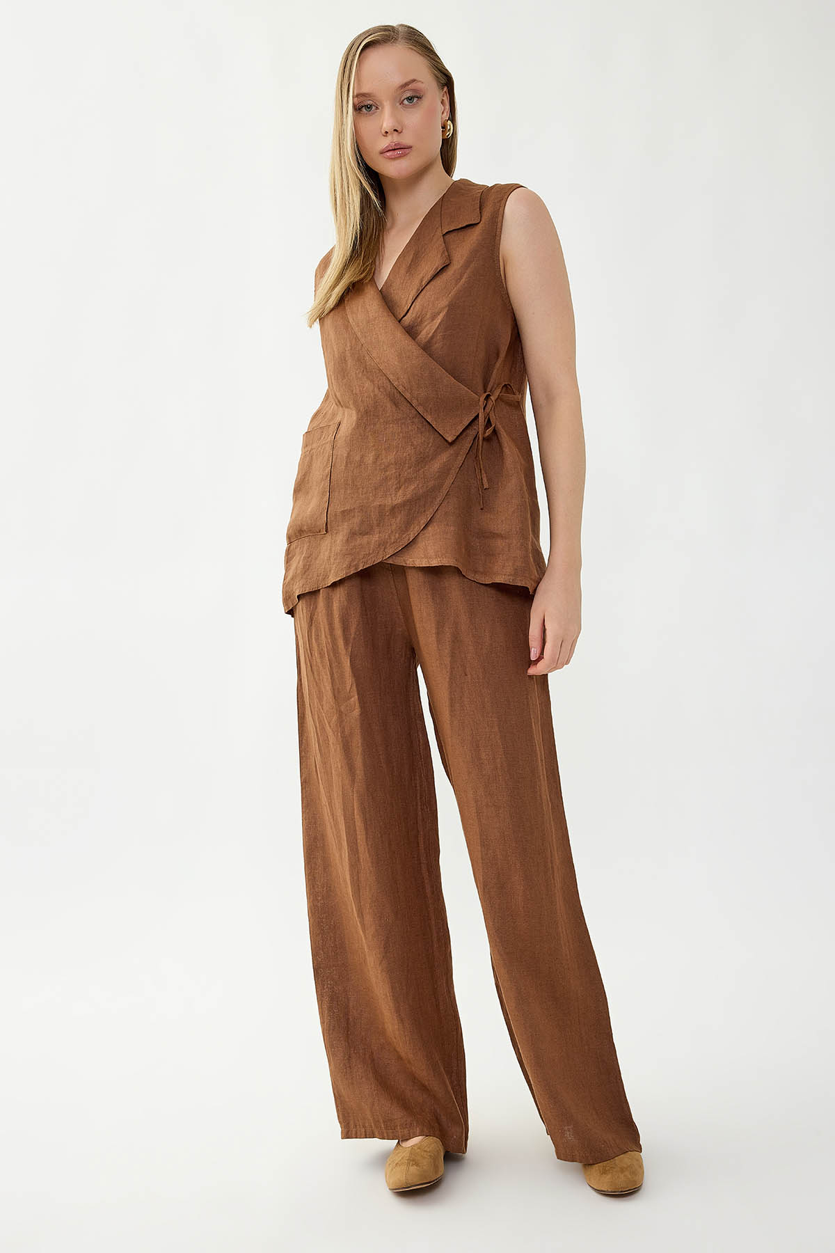 %100 Keten Beli İp Bağlamalı Geniş Paça Pantolon - Thumbnail