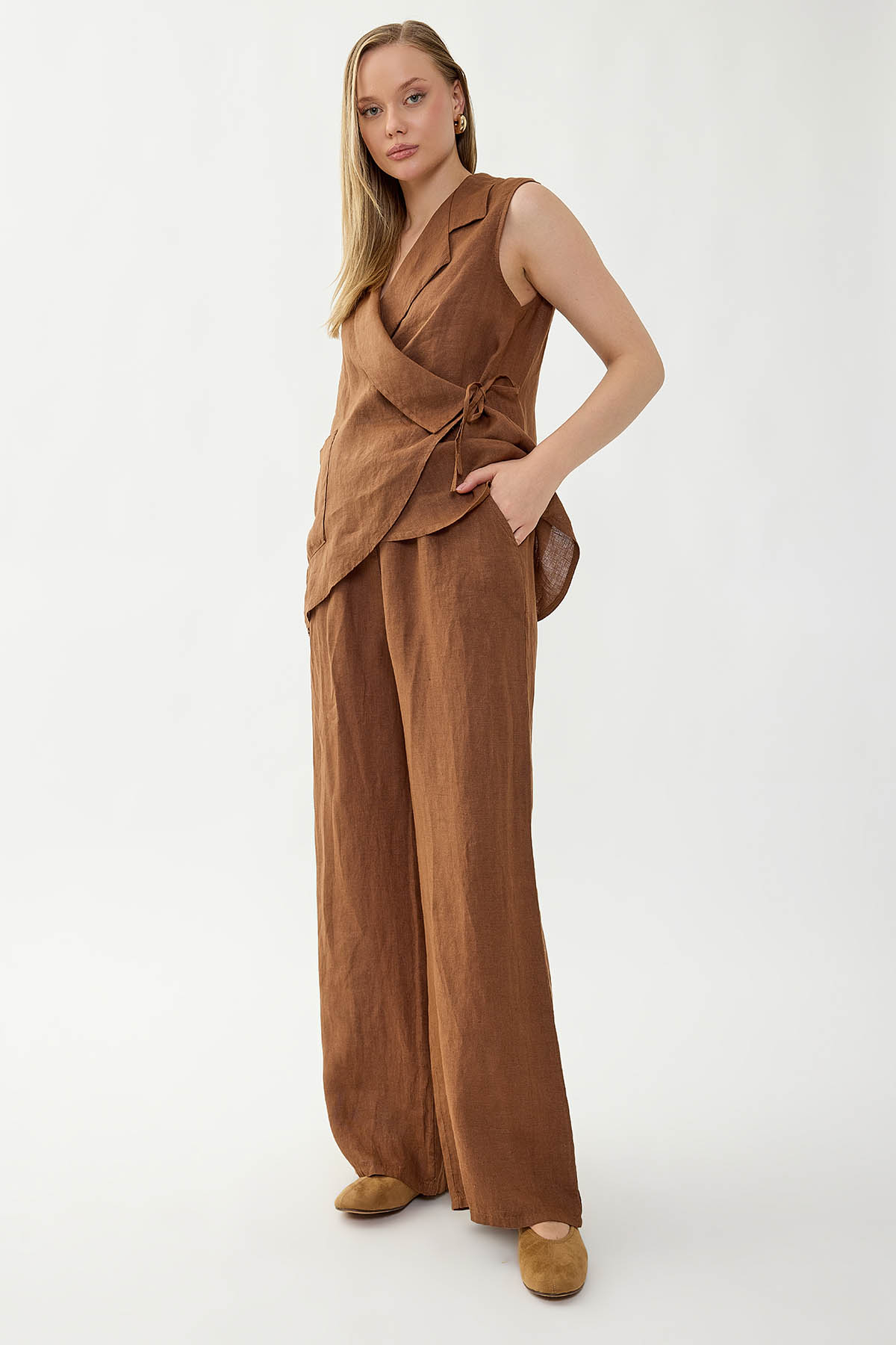 %100 Keten Beli İp Bağlamalı Geniş Paça Pantolon - Thumbnail