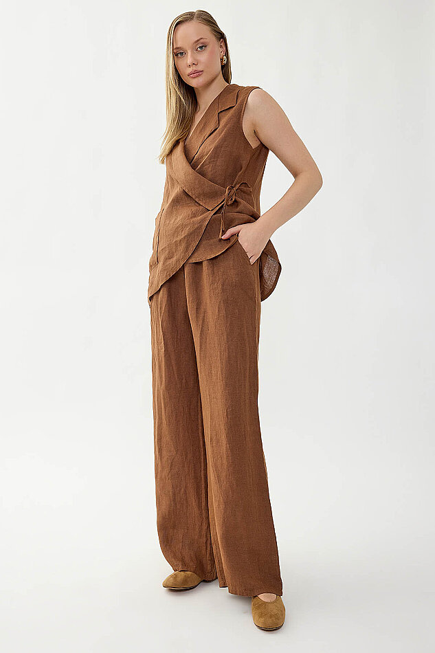 %100 Keten Beli İp Bağlamalı Geniş Paça Pantolon - 17