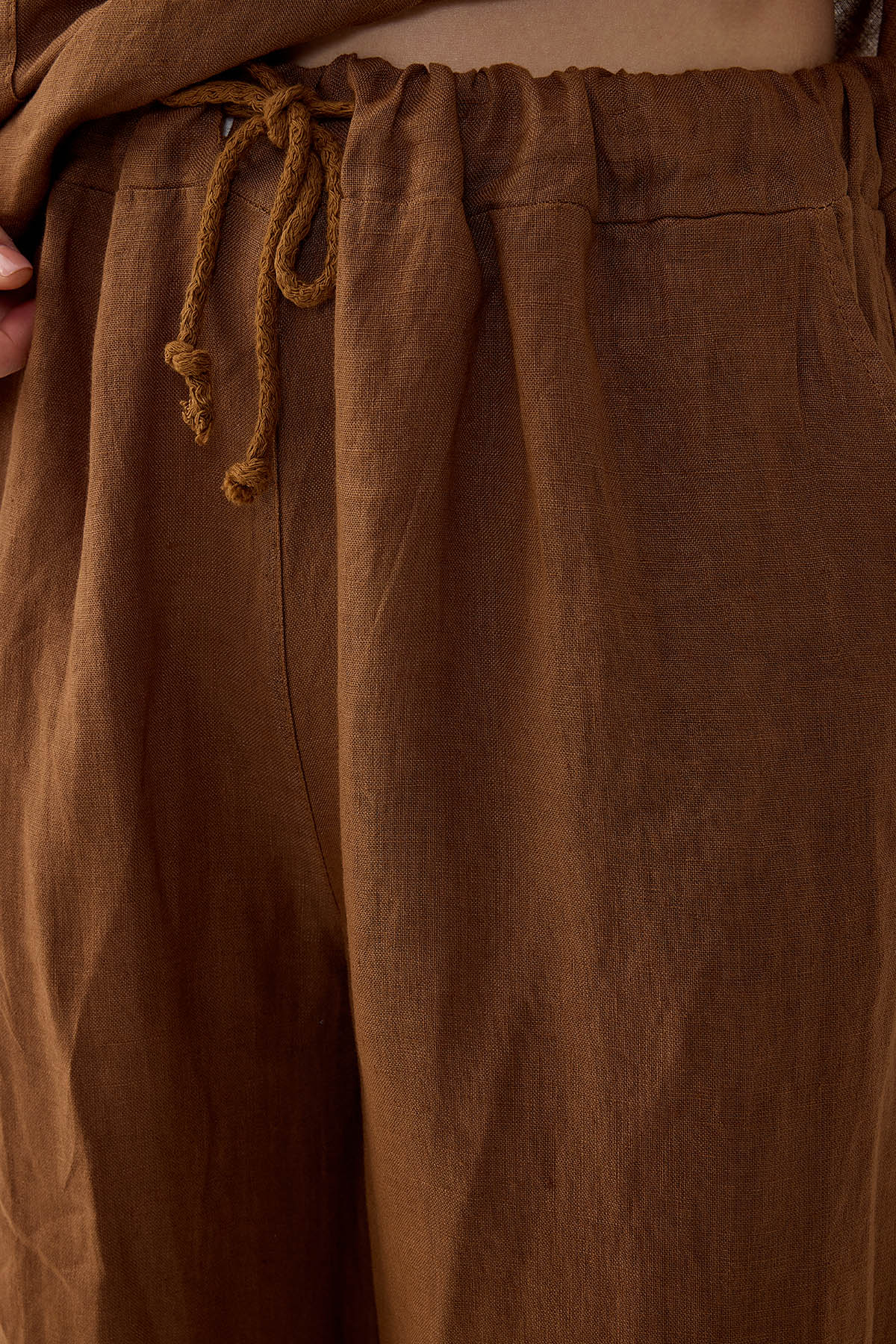 %100 Keten Beli İp Bağlamalı Geniş Paça Pantolon - Thumbnail