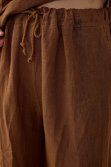 %100 Keten Beli İp Bağlamalı Geniş Paça Pantolon - 18