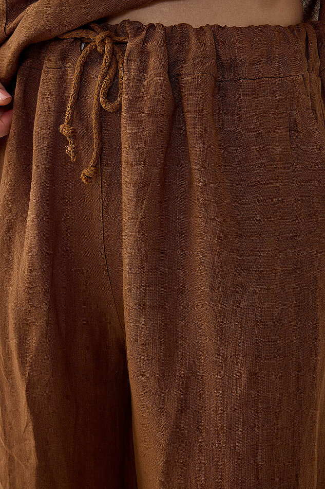 %100 Keten Beli İp Bağlamalı Geniş Paça Pantolon - 18