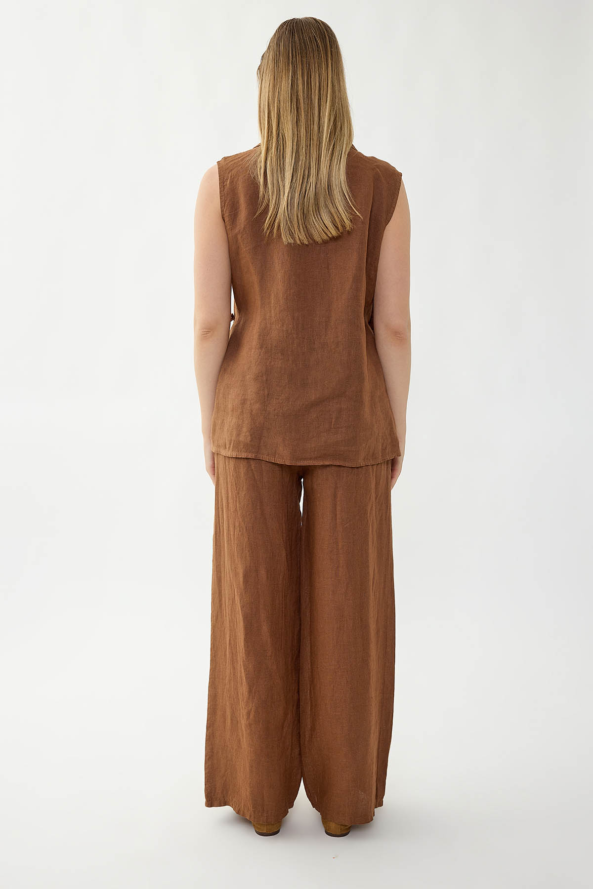 %100 Keten Beli İp Bağlamalı Geniş Paça Pantolon - Thumbnail