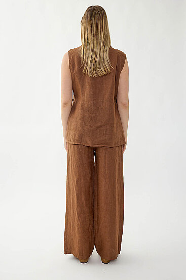 %100 Keten Beli İp Bağlamalı Geniş Paça Pantolon - 19