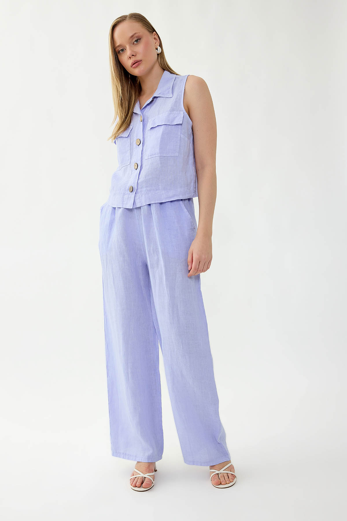 %100 Keten Beli İp Bağlamalı Geniş Paça Pantolon - Thumbnail