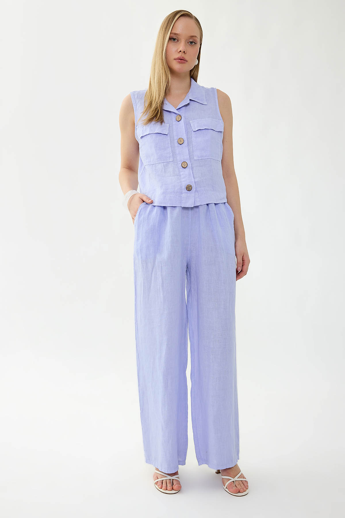 %100 Keten Beli İp Bağlamalı Geniş Paça Pantolon - Thumbnail