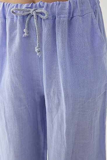 %100 Keten Beli İp Bağlamalı Geniş Paça Pantolon - 6