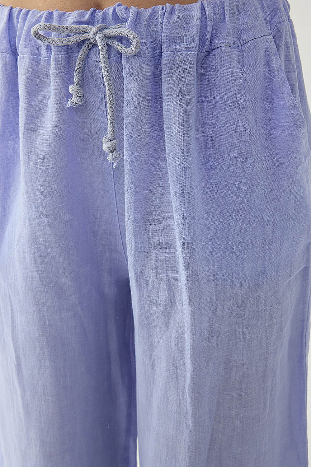 %100 Keten Beli İp Bağlamalı Geniş Paça Pantolon - 6