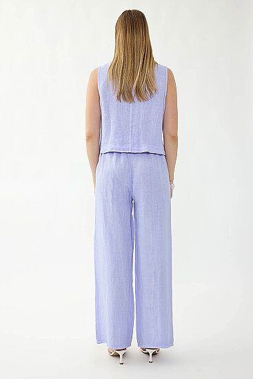 %100 Keten Beli İp Bağlamalı Geniş Paça Pantolon - 7