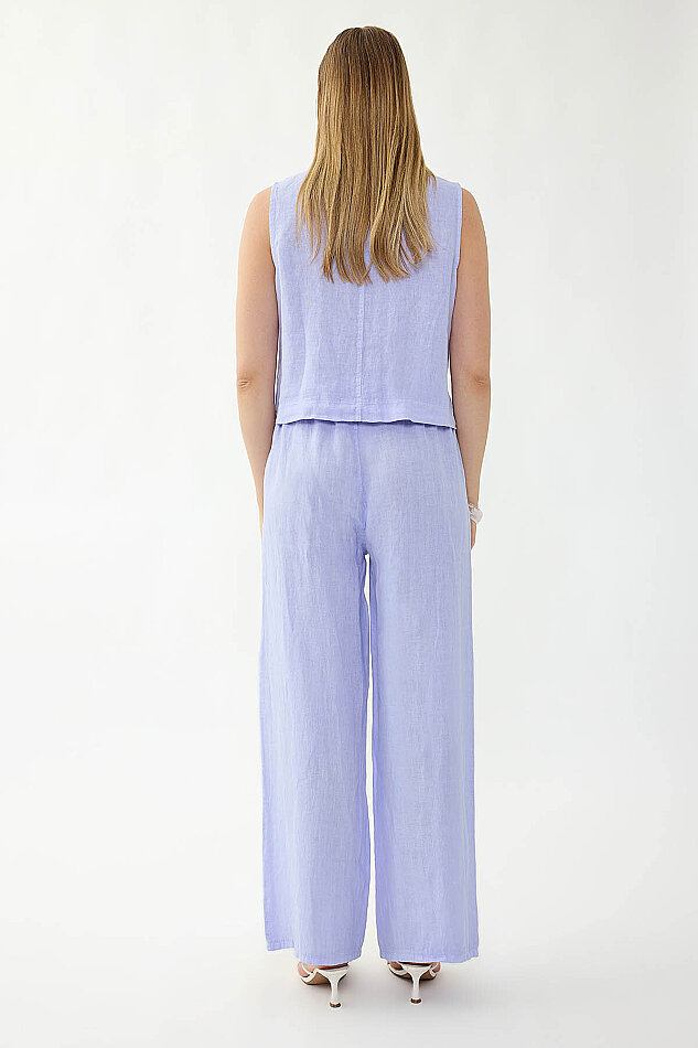 %100 Keten Beli İp Bağlamalı Geniş Paça Pantolon - 7