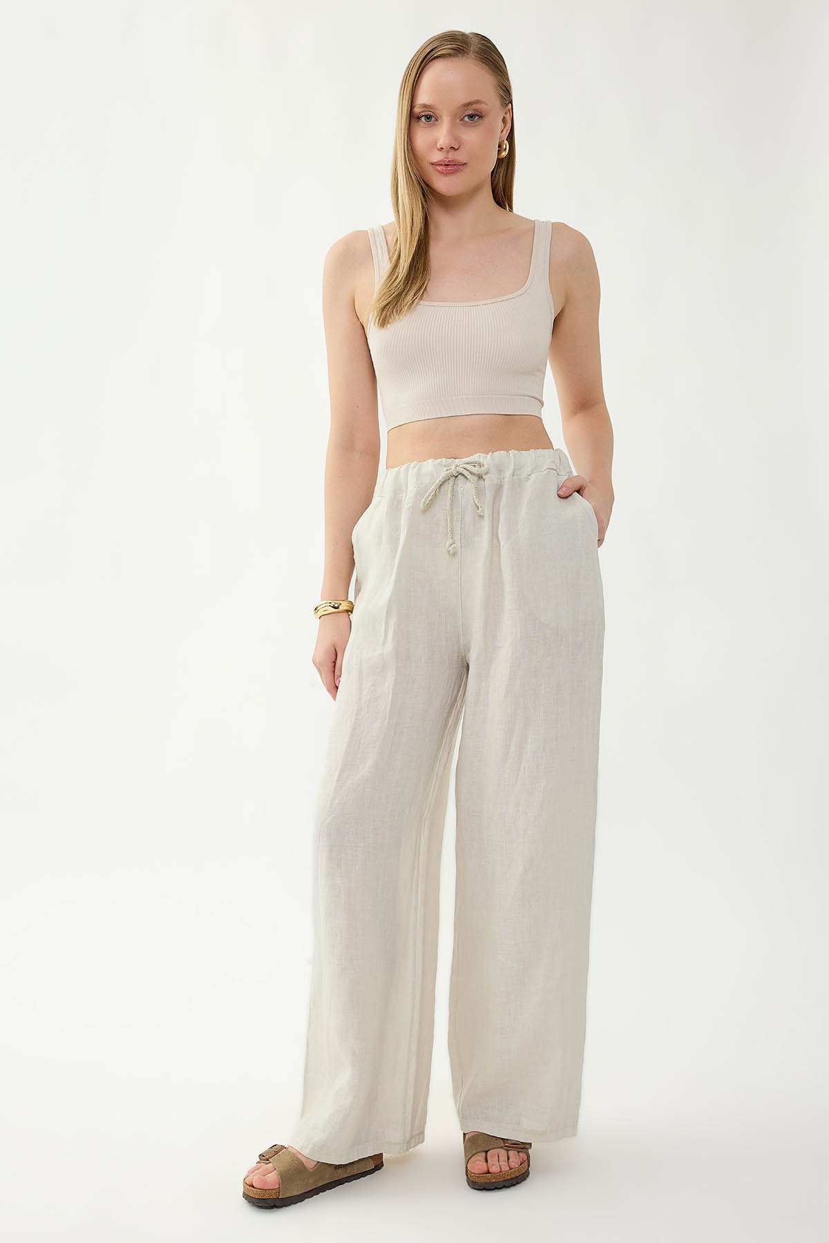 %100 Keten Beli İp Bağlamalı Geniş Paça Pantolon - Thumbnail