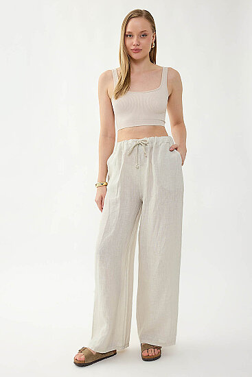 %100 Keten Beli İp Bağlamalı Geniş Paça Pantolon - 21