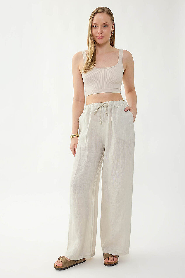 %100 Keten Beli İp Bağlamalı Geniş Paça Pantolon - 21