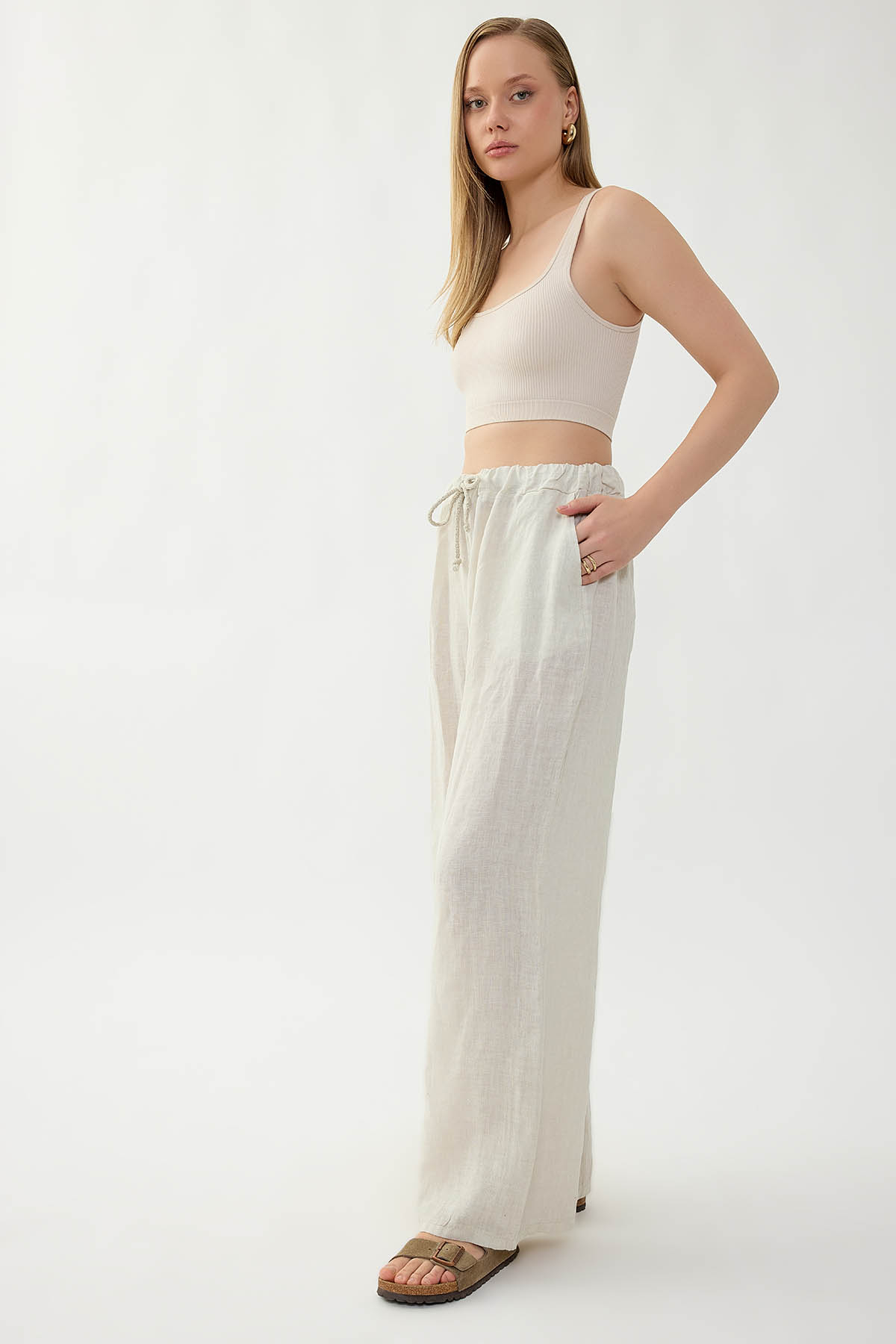 %100 Keten Beli İp Bağlamalı Geniş Paça Pantolon - Thumbnail