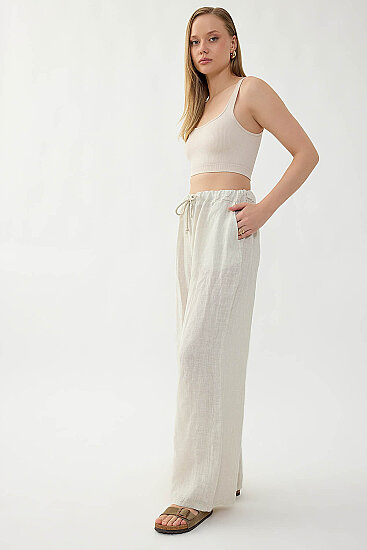 %100 Keten Beli İp Bağlamalı Geniş Paça Pantolon - 22