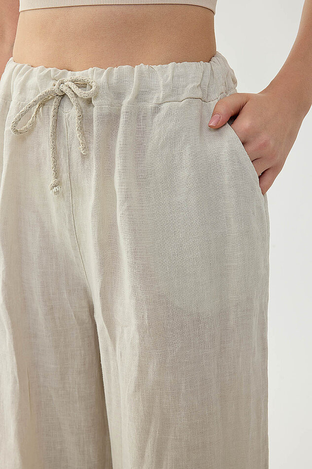 %100 Keten Beli İp Bağlamalı Geniş Paça Pantolon - 23