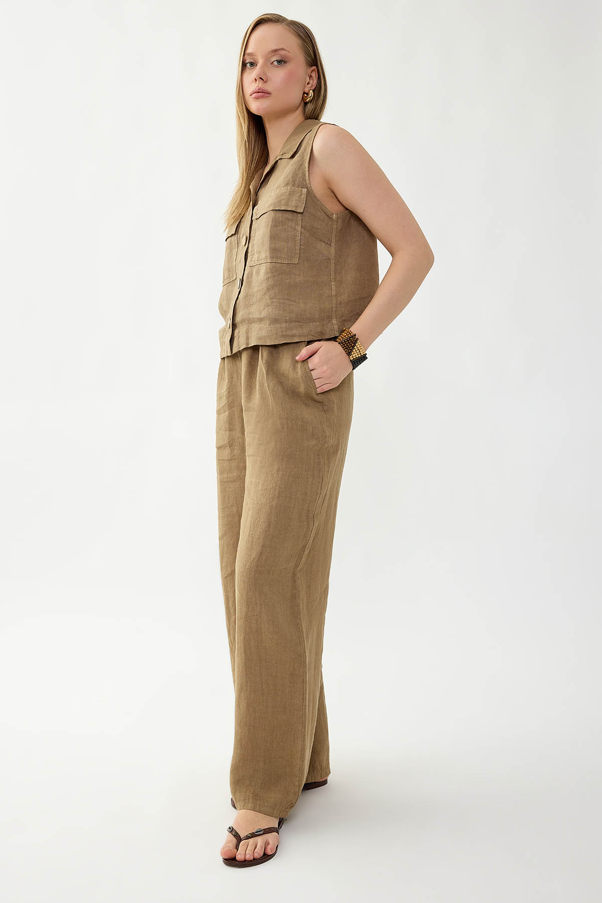 %100 Keten Beli İp Bağlamalı Geniş Paça Pantolon - Thumbnail