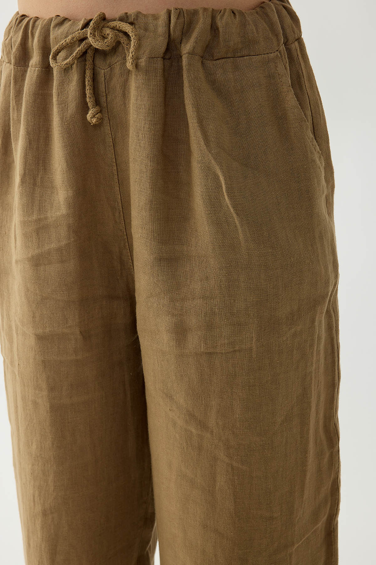 %100 Keten Beli İp Bağlamalı Geniş Paça Pantolon - Thumbnail