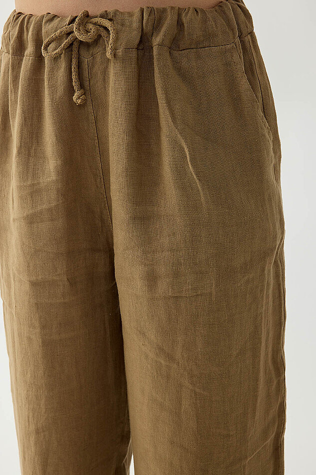 %100 Keten Beli İp Bağlamalı Geniş Paça Pantolon - 27
