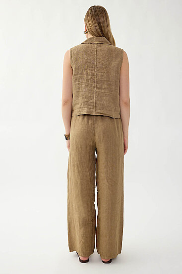 %100 Keten Beli İp Bağlamalı Geniş Paça Pantolon - 29