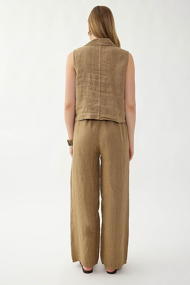 %100 Keten Beli İp Bağlamalı Geniş Paça Pantolon - 29