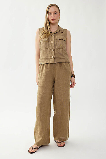 %100 Keten Beli İp Bağlamalı Geniş Paça Pantolon - 28