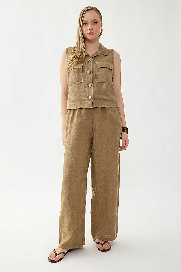 %100 Keten Beli İp Bağlamalı Geniş Paça Pantolon - 28