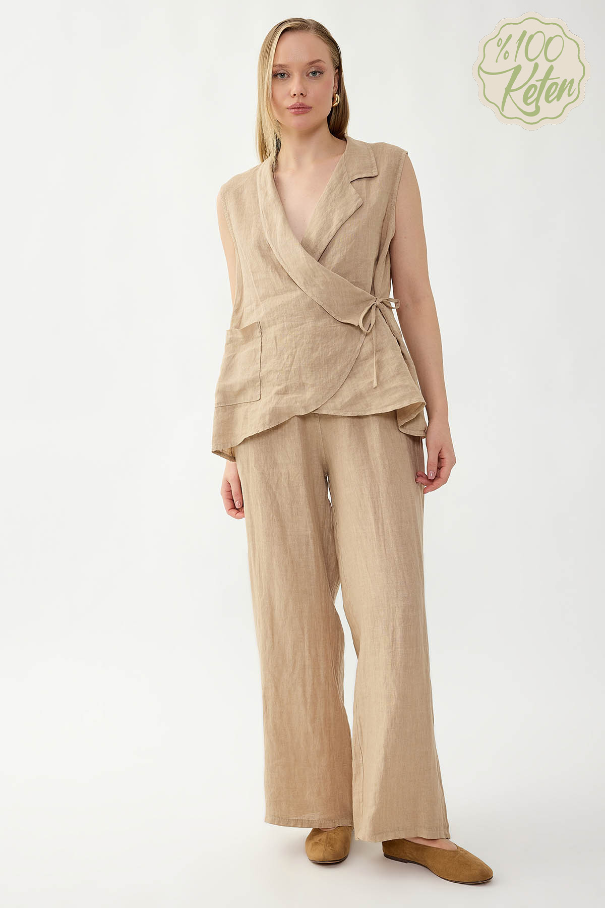 VİTRİN - %100 Keten Beli İp Bağlamalı Geniş Paça Pantolon