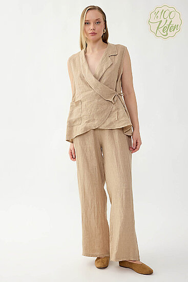 %100 Keten Beli İp Bağlamalı Geniş Paça Pantolon - 9