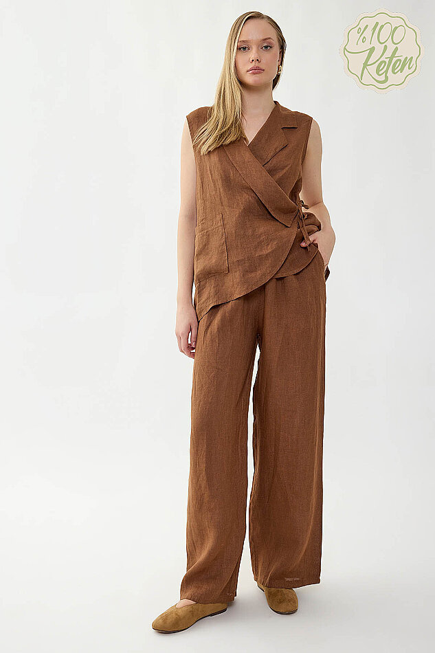 %100 Keten Beli İp Bağlamalı Geniş Paça Pantolon - 15