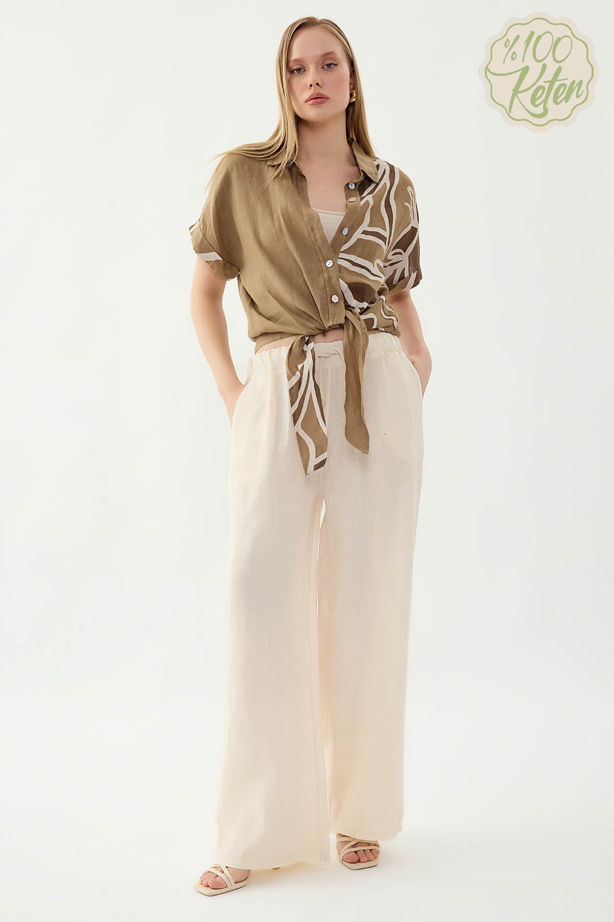 %100 Keten Beli İp Bağlamalı Geniş Paça Pantolon - Thumbnail