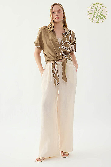 %100 Keten Beli İp Bağlamalı Geniş Paça Pantolon - 30