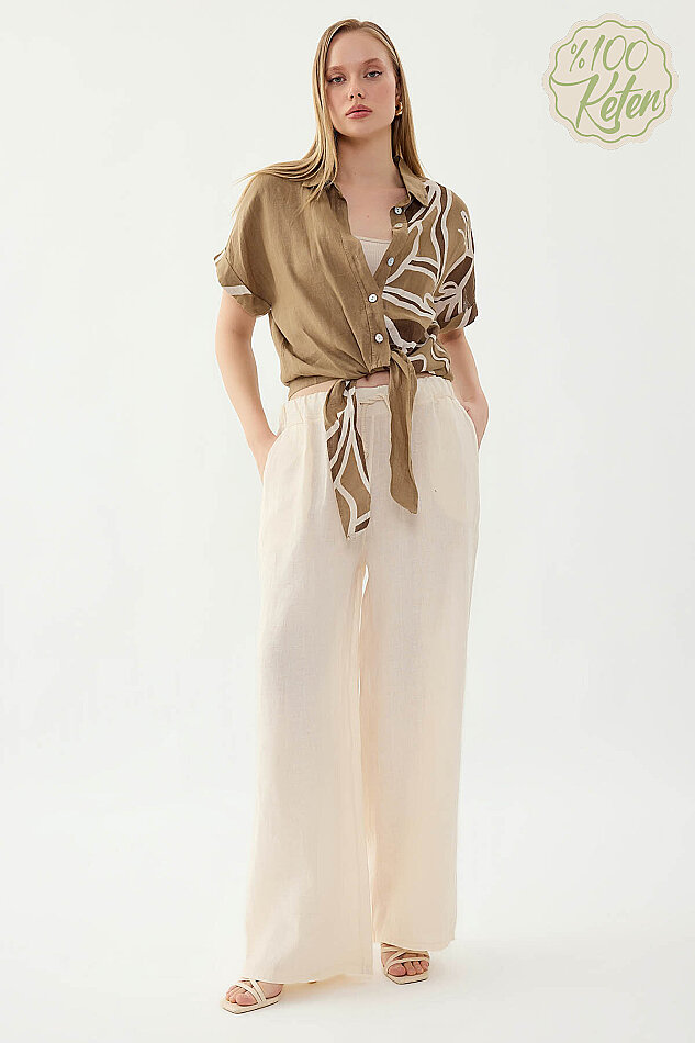 %100 Keten Beli İp Bağlamalı Geniş Paça Pantolon - 30
