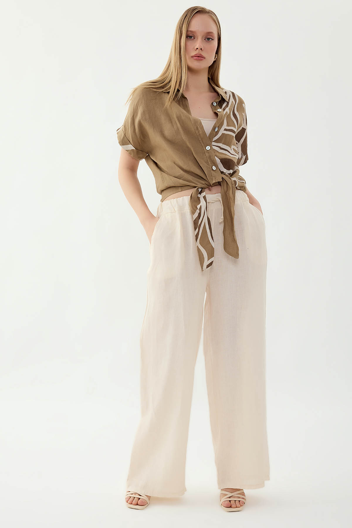 %100 Keten Beli İp Bağlamalı Geniş Paça Pantolon - Thumbnail