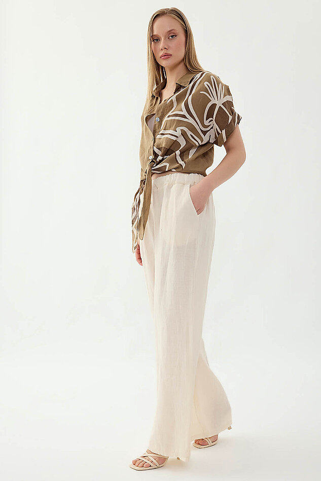 %100 Keten Beli İp Bağlamalı Geniş Paça Pantolon - 32