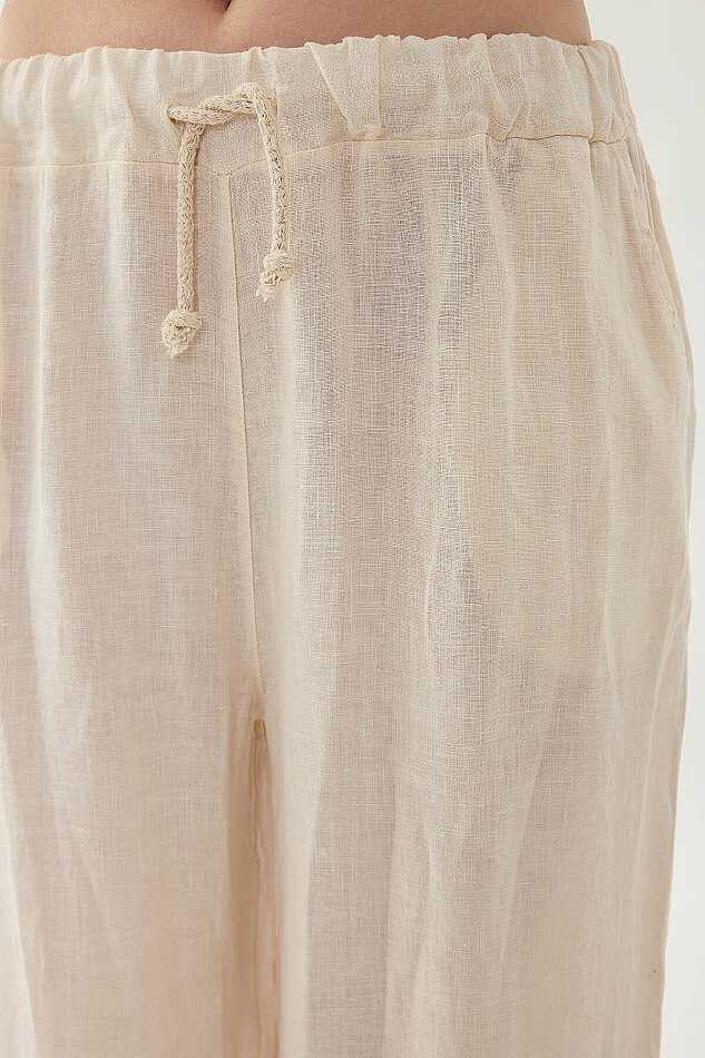 %100 Keten Beli İp Bağlamalı Geniş Paça Pantolon - 33