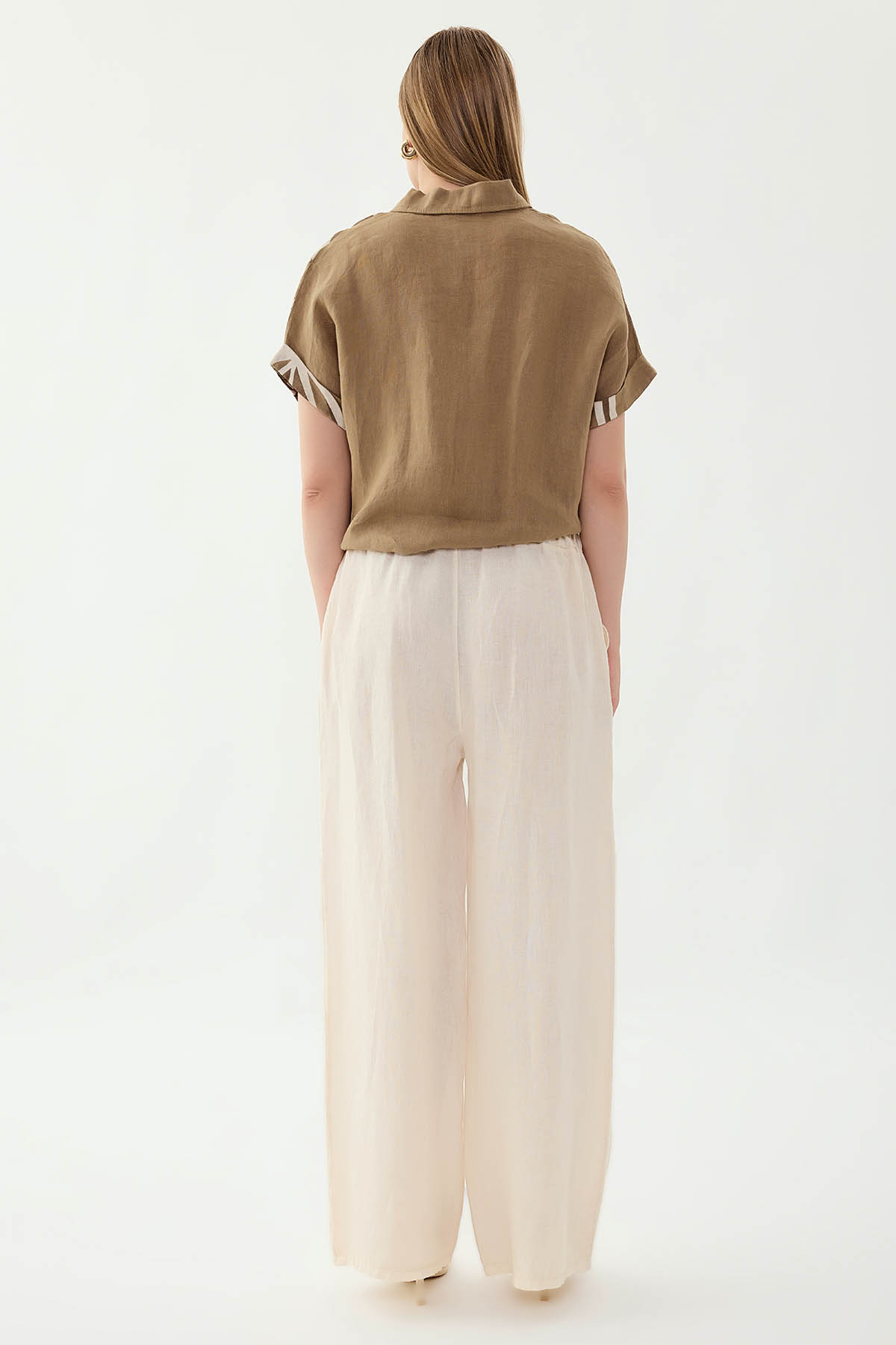 %100 Keten Beli İp Bağlamalı Geniş Paça Pantolon - Thumbnail